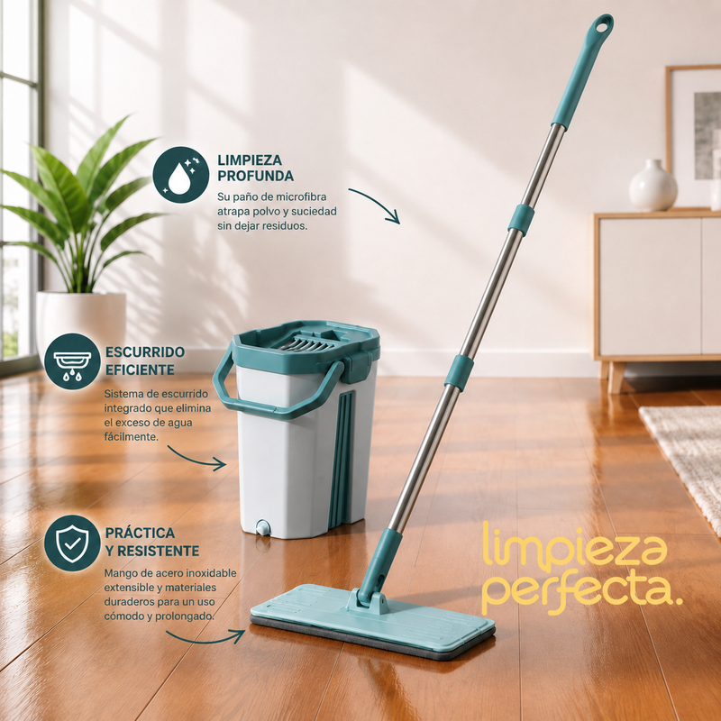 Mopa Trapeador Plano De Microfibra Con Balde Escurridor en acción